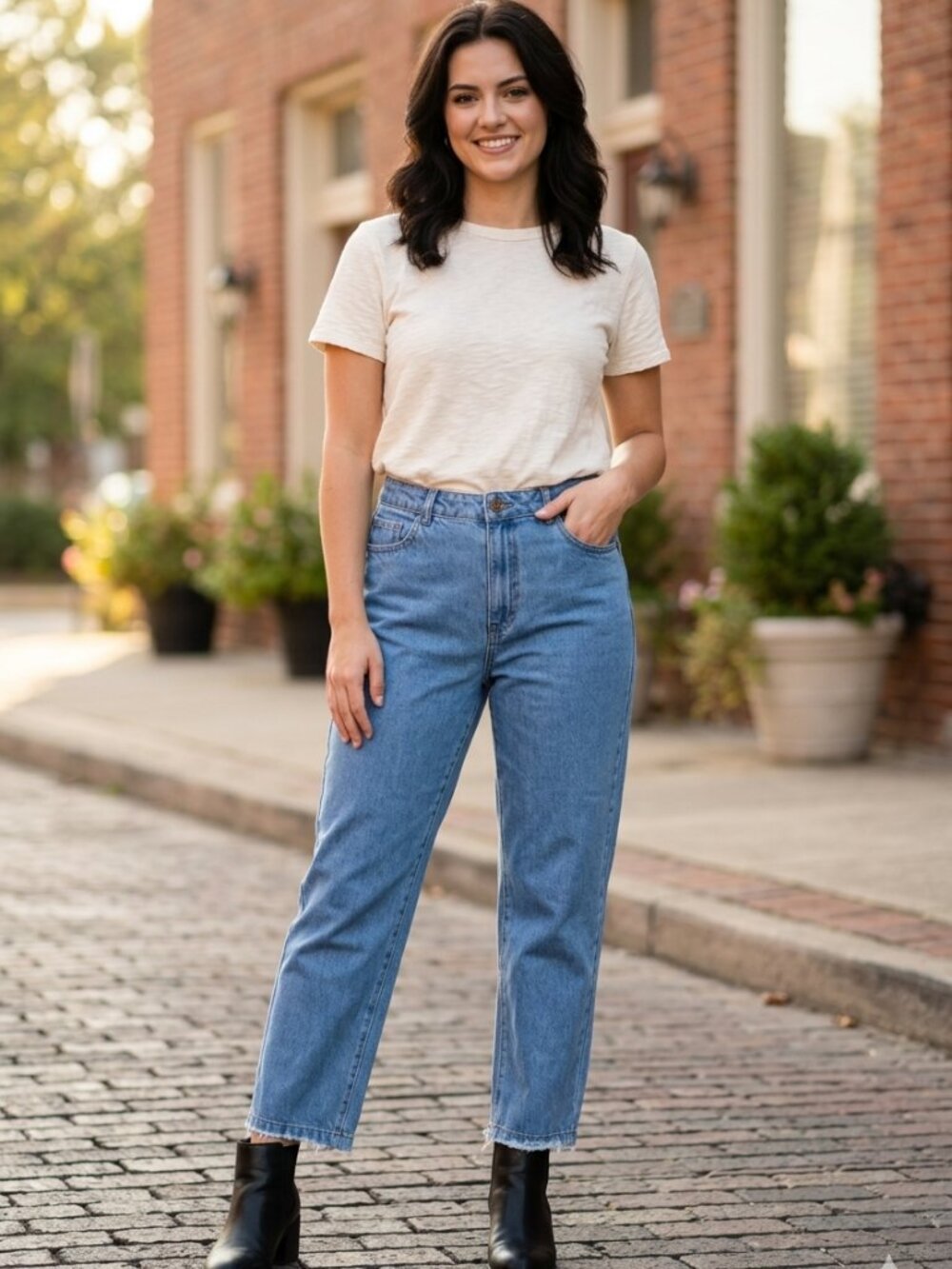 Denim Blvd High Rise Cropped Straight Leg Jeans Size 9 Medium Wash Raw Hem